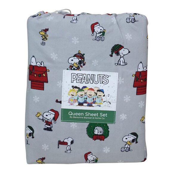 Peanuts Christmas Snoopy Queen Sheet Set Berkshire Holiday Bedding Wreath Tree - Picture 7 of 7